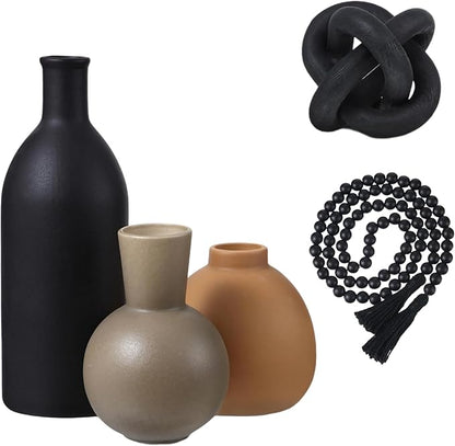 5 Pieces Country Style Ceramic Vase Set Table Centerpieces for Living Room 3 Pcs Bohemian Style Ceramic Vases with Wood Knot Chain Rings, Wooden Bead Garland Tassel Table Decor(Black)