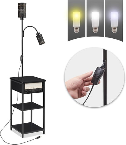 BAMGROW Floor Lamp with End Table, Side Table with Lamp Attached, Bedside Nightstand Light for Small Spaces with Wicker Drawer and Storage Shelf for Living Room, Bedroom, Guest Room, 2 Bulbs Included