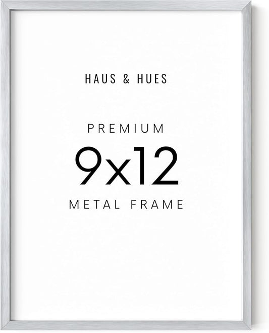 HAUS AND HUES 9x12 Silver Picture Frame - Modern Aluminum Display for Posters and Photos - Vertical & Horizontal Hanging (9x12 in, Silver)