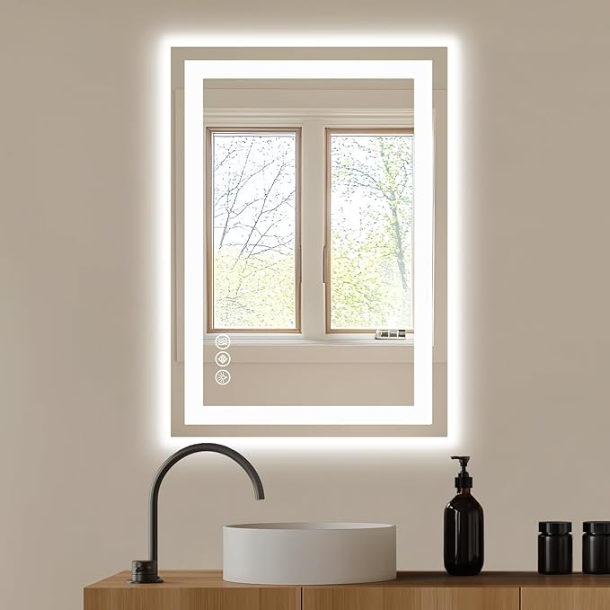 NEWBULIG 28X20 Inch LED Bathroom Wall Mirror with Lights, Light up Vanity Bathroom Mirror for Over Sink, Anti-Fog and Dimmable, Front Light and Backlit, Memory Function, Shatter-Proof, White