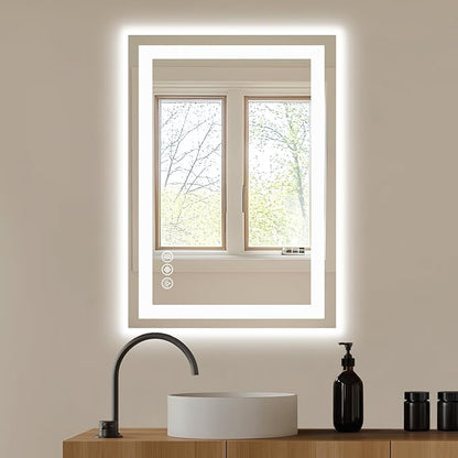 NEWBULIG 28X20 Inch LED Bathroom Wall Mirror with Lights, Light up Vanity Bathroom Mirror for Over Sink, Anti-Fog and Dimmable, Front Light and Backlit, Memory Function, Shatter-Proof, White