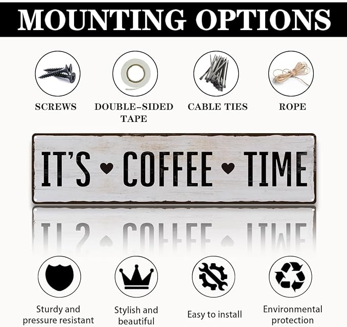 Coffee Metal Tin Sign, It's Coffee Time Sign, Home Kitchen Wall Decor, Farmhouse Decorations for Cafe, Coffees Station Decors, Decorative Metal Wall Signs 15.8x4 Inches