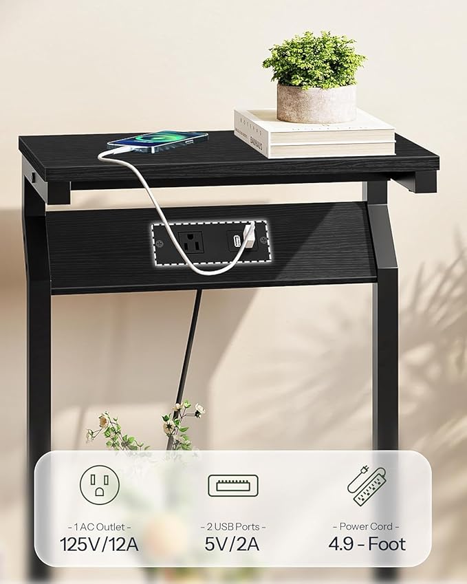 CHOEZON Narrow Side Table with Charging Station, 27" Skinny End Table for Small Spaces, Couch Table with Storage, Slim Tray Table with USB Ports, for Living Room, Bedroom, Black TBZ27UBB