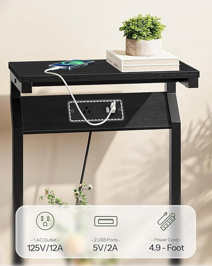 CHOEZON Narrow Side Table with Charging Station, 27" Skinny End Table for Small Spaces, Couch Table with Storage, Slim Tray Table with USB Ports, for Living Room, Bedroom, Black TBZ27UBB