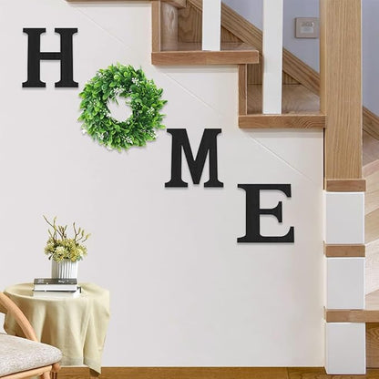 Pinkpum Wooden Home Sign with Artificial Green Wreath for O, Hanging Farmhouse Wall House Decor Wood Letters for Wall Art Rustic Home Decor, Wall Decor for Living Room Kitchen Entryway (Black)