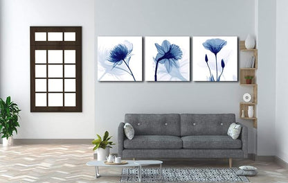 Wieco Art Blue Flowers 3 Panels Canvas Print Wall Art Modern Pictures Artwork for Living Room Bedroom and Home Decorations