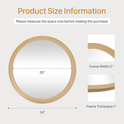CULER Round Mirrors 24 Inch,Wood Vanity Wall Rustic Mirror, Natural Circle Tempered Glass Mirror for Bathroom Bedroom Living Room or Entryway