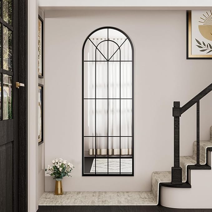 OGCAU Full Length Mirror, 65"x22" Arched Window Floor Length Mirror, Hanging or Leaning, Full Body with Iron Frame, Window Pane Wall Mounted Home Decor for Bedroom Living Room (Black)