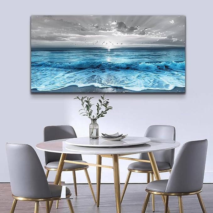 ERQINHUA Large Canvas Printed Artworks Mural Wall Decor For Living Room Wall Art For Bedroom Office Restaurant Decoration Blue Sea Wave Ocean Paintings Beach Wall Pictures Modern Home Decor 30"X60"