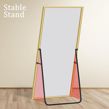 GlasFlength Full Body Mirror with Stand, 71" x 32" Full Length Mirror with Aluminum Alloy Frame Wall-Mounted/Leaning Against Wall/Floor Standing Mirror for Home Decor, Gold