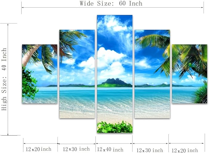 Extra Large Modern Landscape Seascape Pictures Painting on Canvas 5 Panels Combination Set for Living Room Home Decor Wall Art Framed Stretched (60''W x 40''H)