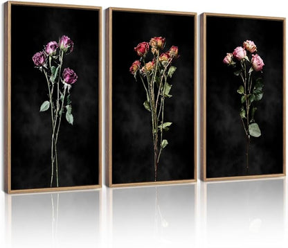 Drsoum Vintage Dark Moody Flower Bouquet Wall Art Framed Retro Wildflower Botanical Prints Modern Nature Plant Floral Rustic Artwork Bedroom Living Room Ready to Hang 16x24in Natural Framed