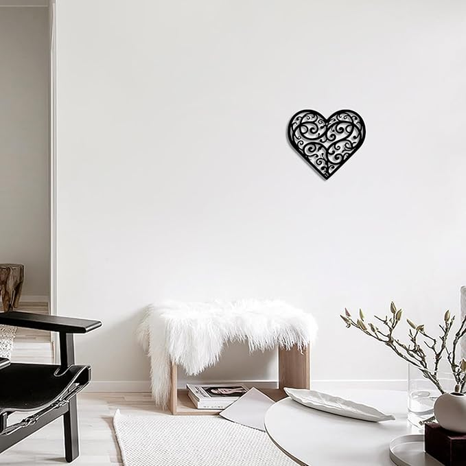 Vineland Black Metal Heart Wall Art, 11.8 x 10.6 Inch Modern Minimalist Sculpture, Floral Scroll Pattern Design, Home Decor for Living Room Bedroom