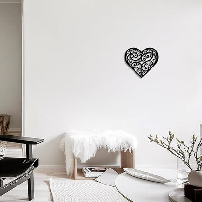 Vineland Black Metal Heart Wall Art, 11.8 x 10.6 Inch Modern Minimalist Sculpture, Floral Scroll Pattern Design, Home Decor for Living Room Bedroom