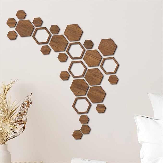 Hexagon Wood Wall Art, 27 PCS Modern Hollow Wooden Honeycomb Wall Stickers, DIY Modern Geometric Wood Wall Art Decor, 3D Wooden Hexagon Wall Tiles for Living Room, TV Background, Office