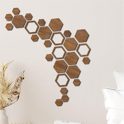 Hexagon Wood Wall Art, 27 PCS Modern Hollow Wooden Honeycomb Wall Stickers, DIY Modern Geometric Wood Wall Art Decor, 3D Wooden Hexagon Wall Tiles for Living Room, TV Background, Office