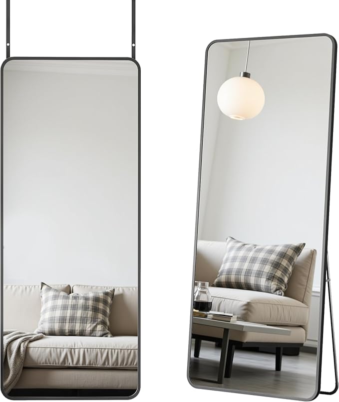 Antok Over The Door Mirror Full Length, 58'' x 21''Wall Mounted Hanging Mirror, Aluminum Alloy Frame, Shatterproof Glass, No Drill Installation for Bedroom, Closet, Bathroom, Dorm, Round Corner,Black