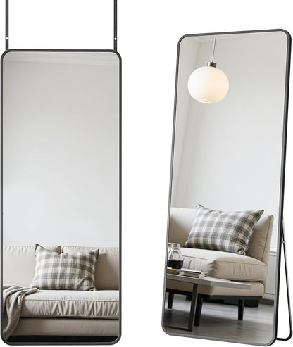Antok Over The Door Mirror Full Length, 58'' x 21''Wall Mounted Hanging Mirror, Aluminum Alloy Frame, Shatterproof Glass, No Drill Installation for Bedroom, Closet, Bathroom, Dorm, Round Corner,Black