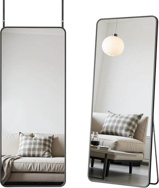 Antok Over The Door Mirror Full Length, 58'' x 21''Wall Mounted Hanging Mirror, Aluminum Alloy Frame, Shatterproof Glass, No Drill Installation for Bedroom, Closet, Bathroom, Dorm, Round Corner,Black
