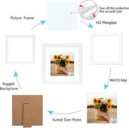 8x8 Picture Frame Rustic White Wood Set of 6,Display Pictures 5x5 with Mat or 8x8 Without Mat,Multi Photo Frames Collage for Wall or Tabletop Display