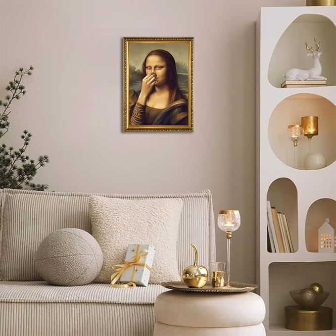 WZGZXU Vintage Gold Framed Wall Art Monalisa Holding Her Nose Wall Decor Monalisa Bathroom Canvas Art Funny Toilet Pictures Humor Imitation Paintings Ptints For Toilets Bathroom
