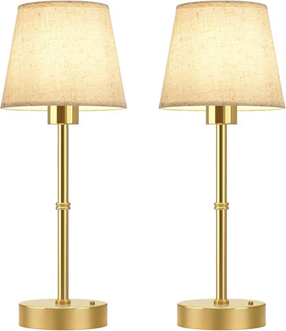 FRIDEKO HOME Rechargeable Table Lamp Gold - Cordless Battery Operated Lamp, Fabric Shade Desk Lamp, Wireless Lamp for Decor Bedroom Dining Table Counter (2pcs-Linen-Bulb Included-15.7in)