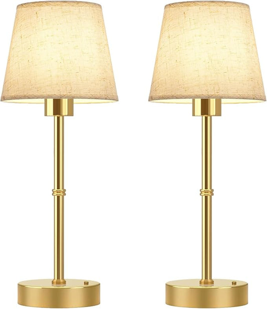 FRIDEKO HOME Rechargeable Table Lamp Gold - Cordless Battery Operated Lamp, Fabric Shade Desk Lamp, Wireless Lamp for Decor Bedroom Dining Table Counter (2pcs-Linen-Bulb Included-15.7in)
