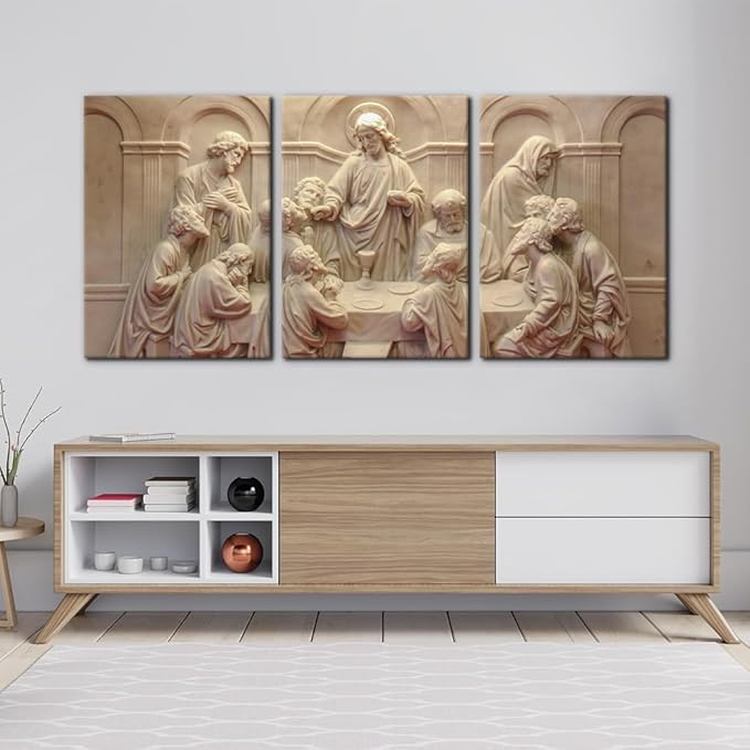 3 Pieces Canvas Wall Art Picture The Last Supper Sculpture Style Paintings on Canvas 12 Apostles Modern Artwork for Home Decor Framed Gallery-wrapped Stretched Ready to Hang - 20"x28"x3 Panels