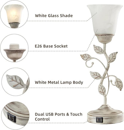 Rustic Touch Table Lamp for Bedroom, 3-Way Dimmable Nightstand Lamp with 2 USB Ports, Retro Vintage White Glass Shade Leaf Desk Lamp for Living Room Entryway, LED Bulb Included