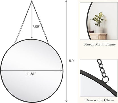 Dahey 11.8-inch Small Hanging Circle Mirror Wall Decor Gold Round Mirror with Hanging Chain for Living Room Bathroom Bedroom Dorm College Office, Black