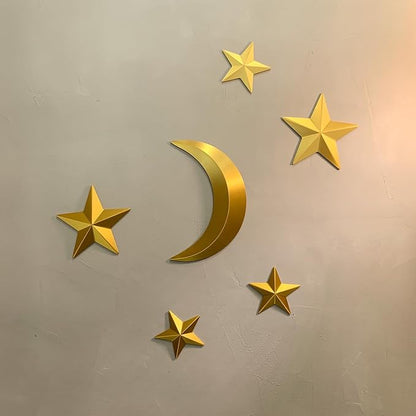 MidModArt 6PCS Mid Century Modern 3D Star Wall Art Gold Retro Starburst Sculptures Vintage Celestial Home Decor, Gold Moon