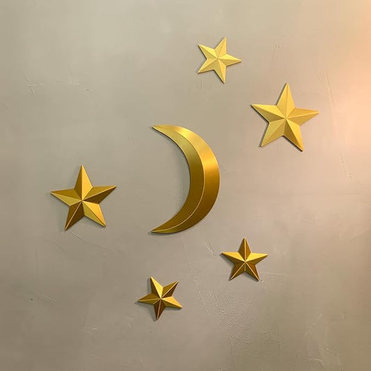 MidModArt 6PCS Mid Century Modern 3D Star Wall Art Gold Retro Starburst Sculptures Vintage Celestial Home Decor, Gold Moon
