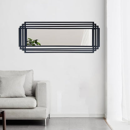 Geometric Wall Mirror, 42"x16" Art Deco Mirror wirh Black Metal Frame, Modern Rectangle Aesthetic Mirrors for Living Room Bedroom Entryway Hallway, Hangs Vertically or Horizontally