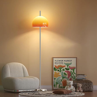 MIXL-Orange Mushroom Floor Lamp,Chrome Floor Lamp with Foot Switch,Dimmable Standing Lamp with Dome Shade,Mid-Century Modern Reading Lamp for Living Room Bedroom and Office