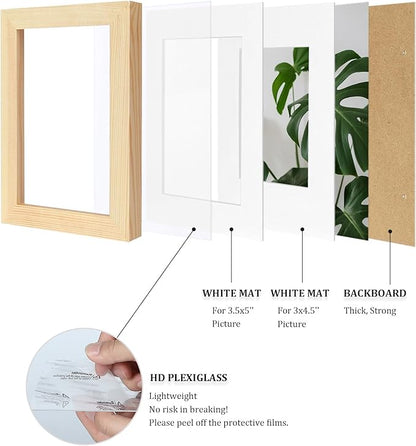 Egofine 4x6 Picture Frames Natural Wood Frames with Plexiglass, Display Pictures 3x4.5 and 3.5x5 with Mat or 4x6 Without Mat Set of 4 for Tabletop and Wall Mounting