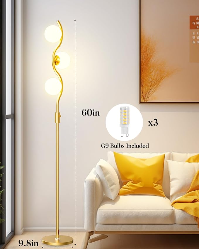 Lightdot 60IN Gold Floor Lamp Stepless Dimmable Globe Floor Lamps with 3Pcs 3000K Bulbs Included Eye-Friendly Mid Century Standing Lamps with 5Lbs Heavy Base for Living Room/Sofa Beside/Corner Decor
