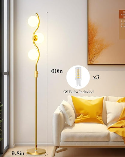 Lightdot 60IN Gold Floor Lamp Stepless Dimmable Globe Floor Lamps with 3Pcs 3000K Bulbs Included Eye-Friendly Mid Century Standing Lamps with 5Lbs Heavy Base for Living Room/Sofa Beside/Corner Decor