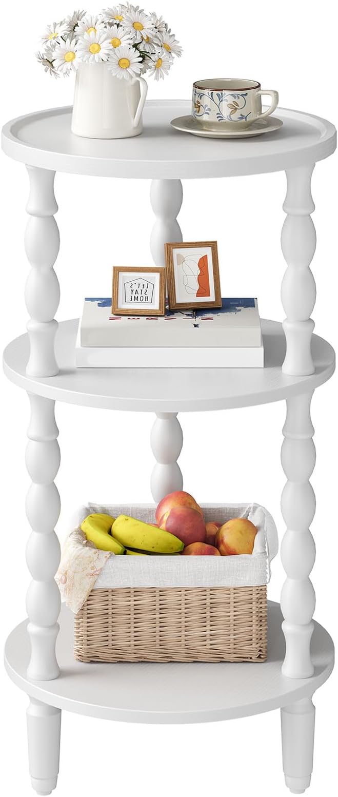 HOOBRO Round Side Table for Small Space, 3-Tier Small Round End Table with Rubberwood Leg, Accent Bedside Table, Circle Nightstand, Living Room, Bedroom, Sofa Couch, White WT218BZ01