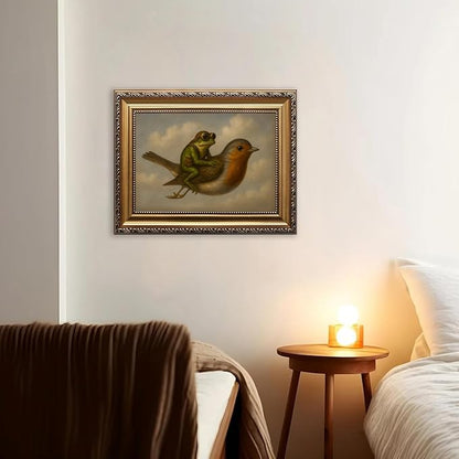 WZGZXU Gold Framed Wall Art Vintage Pictures Wall Decor Frog Riding Bird Canvas Art Funny Paintings Animal Prints Antique Artwork For Living Room Bedroom 12x16in