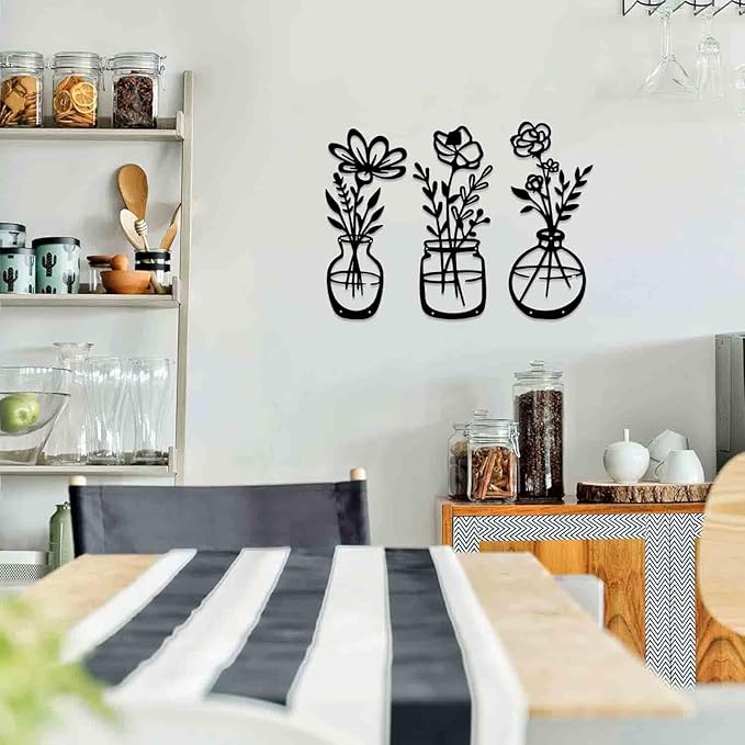 BFORXRO 3 Pieces Metal Flowers Wall Art Decor,Modern Farmhouse Black Wall Decor for New Home Bathroom Kitchen Living Room Bedroom Decoration Vase With Flowers