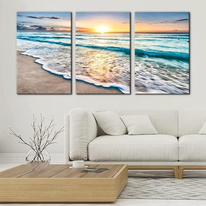 Pacimo 3 Panels Beach Canvas Wall Art for Home Decor Blue Sea Sunset White Beach Painting The Picture Print on Canvas Seascape The Pictures for Home Decor Decoration Ready to Hang - 16"x24"x3 Panels