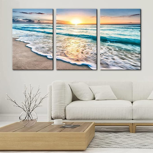 Pacimo 3 Panels Beach Canvas Wall Art for Home Decor Blue Sea Sunset White Beach Painting The Picture Print on Canvas Seascape The Pictures for Home Decor Decoration Ready to Hang - 16"x24"x3 Panels