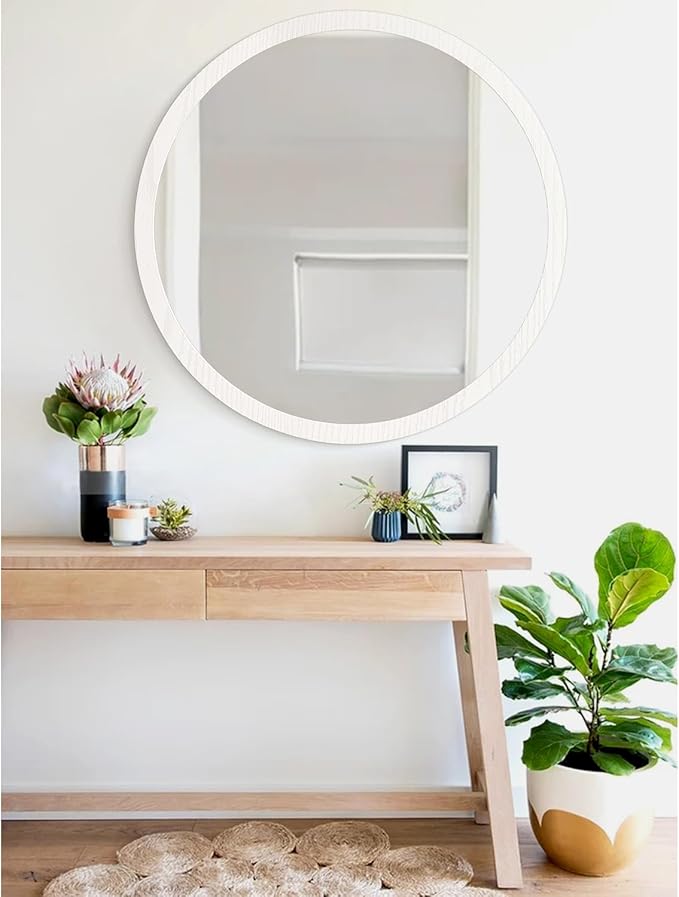 JJUUYOU Large Circle Wall Mirror 24 Inch Large Round Wall Mounted Antique Mirror for Bathroom Wood Frame Mirror for Living Room Bedroom Washroom Dorm