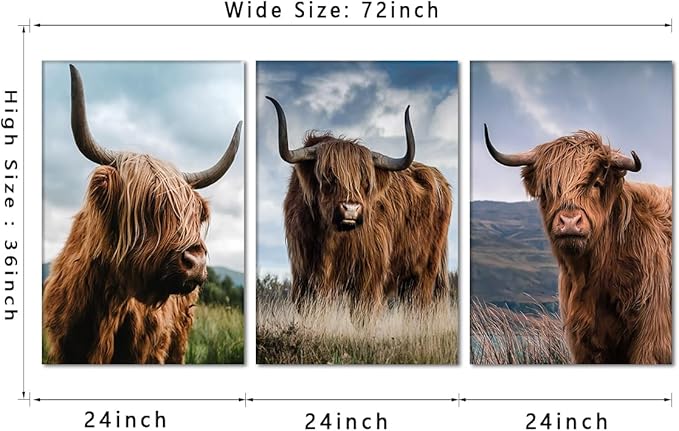 Large Wall Art 3 Panels Cow Pictures Wall Decor Highland Cow Canvas Art Vintage Farm Cattle Posters Animal Painting Canvas Prints Decor, Framed 24'' Wx36''Hx3pcs
