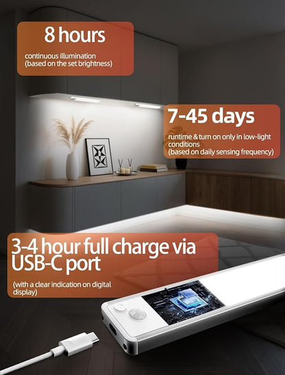 Under Cabinet Lighting: 8 Inch 3-Color Dimmable Rechargeable Motion Sensor Lights Indoor - Battery Operated Lights - Closet Light Magnetic Led Light for Kitchen Home Bathroom Counter 5 Pack