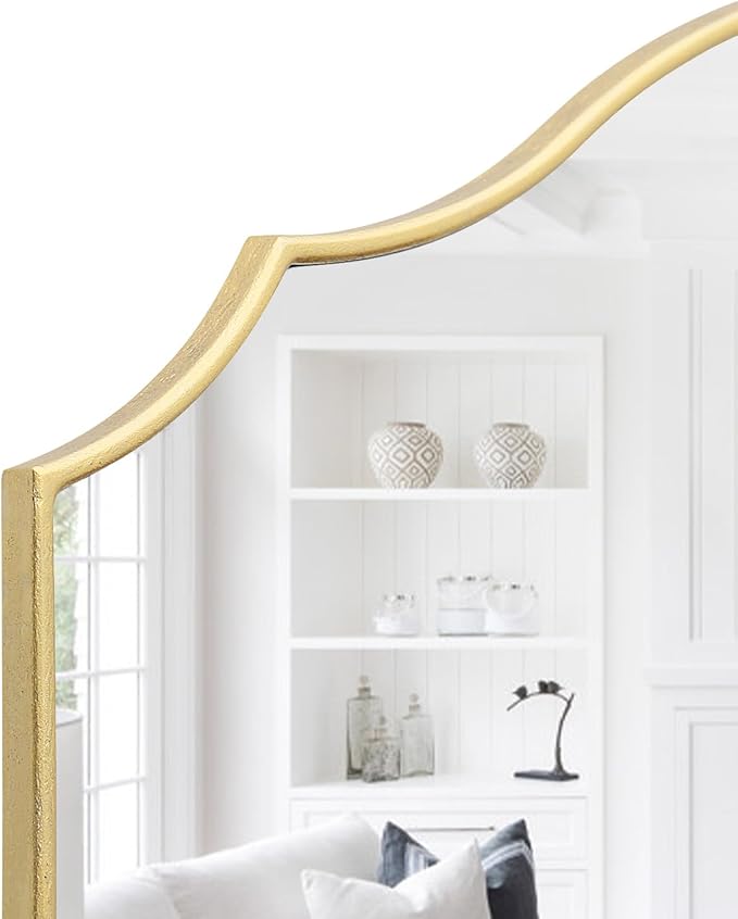 Besdomus Gold Scalloped Mirror for Dresser: 35"x26" Modern Wooden Mantel Mirror - Minimalist Decorative Wall for Vanity/Bedroom/Fireplace/Entryway - Ideal for 20-44 Age Fashion Women