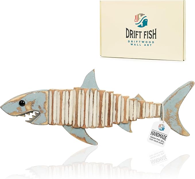Driftwood Fish Nautical Wall Decor - Handmade Wooden Rustic Coastal Wall Art for Living Room, Bedroom, Office, Bathroom - Ocean Beach Decoration (Raya)