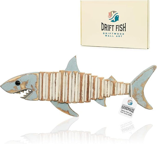 Driftwood Fish Nautical Wall Decor - Handmade Wooden Rustic Coastal Wall Art for Living Room, Bedroom, Office, Bathroom - Ocean Beach Decoration (Raya)