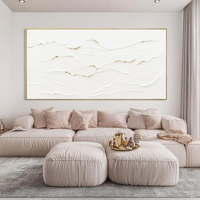 WINKAILIN Large Wavy Line White Abstract Wall Art with Frame Minimalist Modern Hand drawn Painting Textured Poster for Living Room Dining Room Bedroom Decor 29"x58"