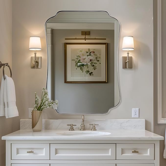 ANDY STAR 26"x38" Brushed Nickel Mirror, Scalloped Bathroom Wall Mirror with Metal Frame for Vanity, Scalloped Edge Design for Entryway, Living Room & Bedroom